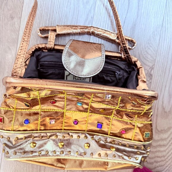 Vintage Baikal Gold Metallic Purse Retro Rhinestone Jewel Handbag Glam Party Bag - Picture 7 of 16